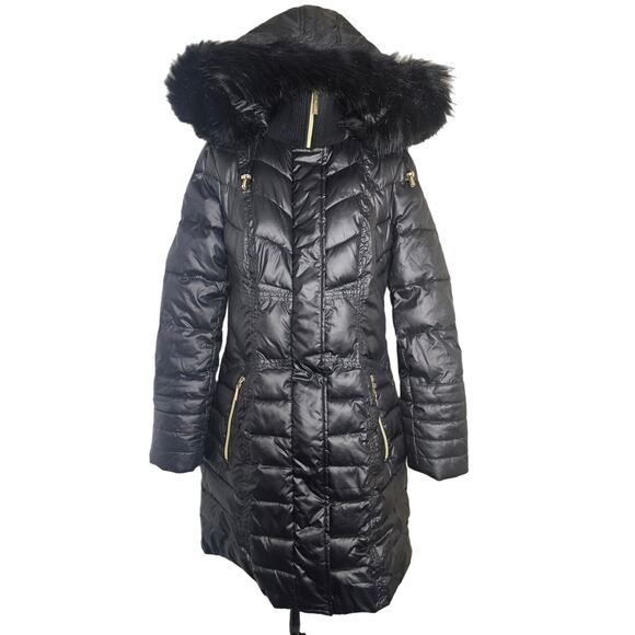 KENSIE Black Puffer Coat Quilted Hoodie Trench Jacket Women's Small - Picture 1 of 9
